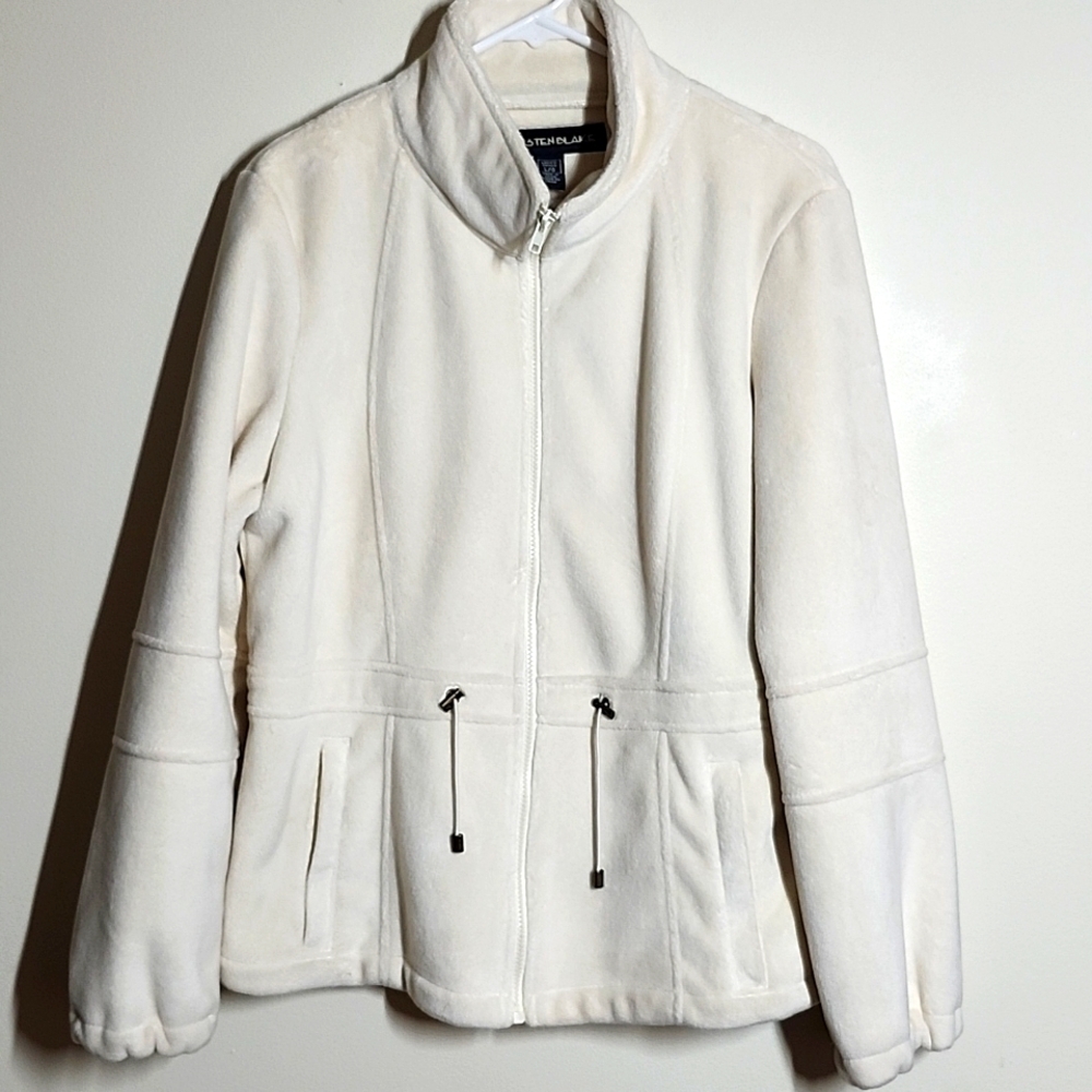 Kristen Blake White Fleece Full Zip Jacket Pockets Waist Cinching Toggles Large